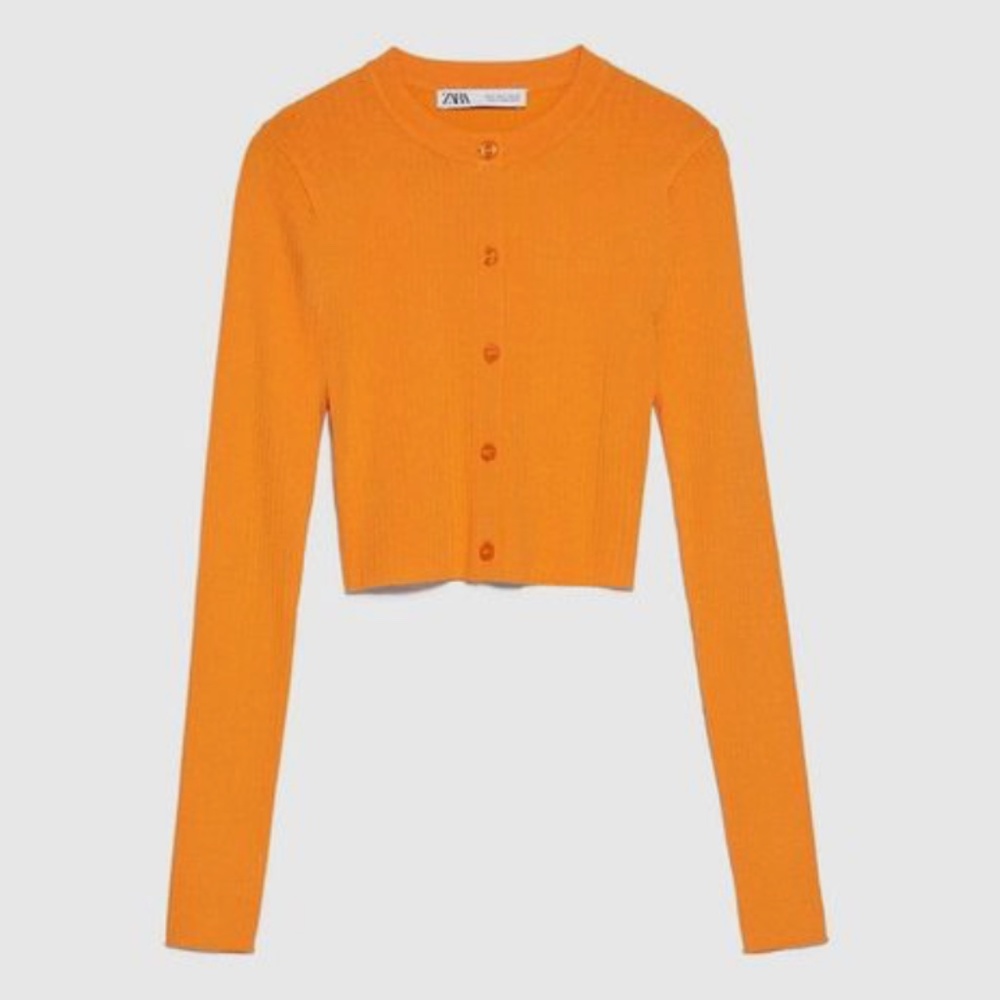 Zara bright orange V-neck ribbed cropped cardigan NWT